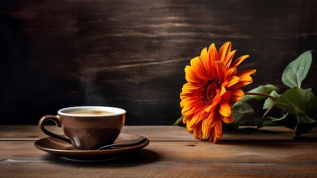 Eine Tasse Kaffee und eine Blume auf einem Holztisch