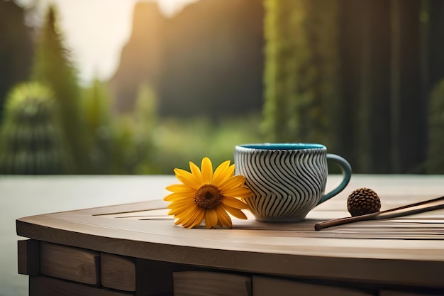 Eine Tasse Kaffee und eine Sonnenblume auf einem Tisch