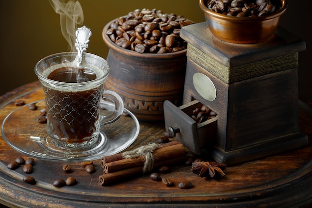 Eine Tasse Kaffee und eine Tasse Kaffee auf einem Tisch mit Zimtstangen.