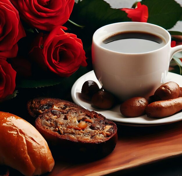 Eine Tasse Kaffee und eine Tasse Kaffee stehen auf einem Tisch mit Rosen.