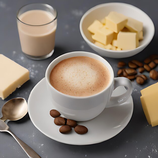 Foto eine tasse kaffee und etwas käse und etwas milch