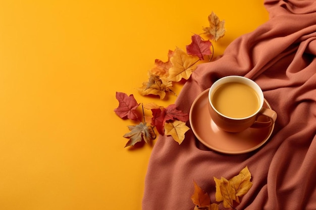 Eine Tasse Kaffee und Herbstblätter auf einem Tisch.