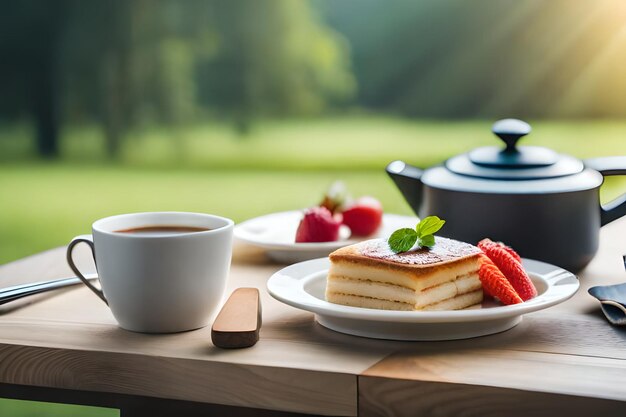 Eine Tasse Kaffee und Kuchen auf einem Tisch