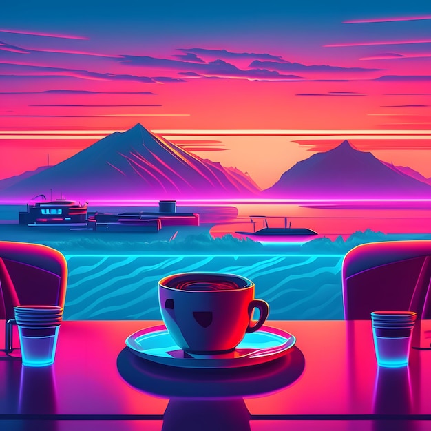 eine Tasse Kaffee, Vaporwave-Illustration