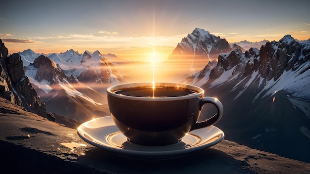 Eine Tasse Kaffee vor dem Berghintergrund Generative KI