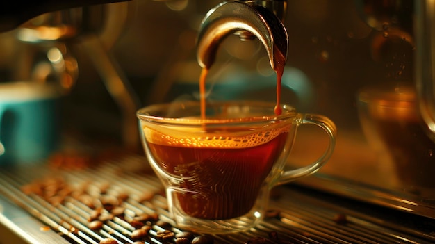 Eine Tasse Kaffee wird in eine Kaffeemaschine verarbeitet