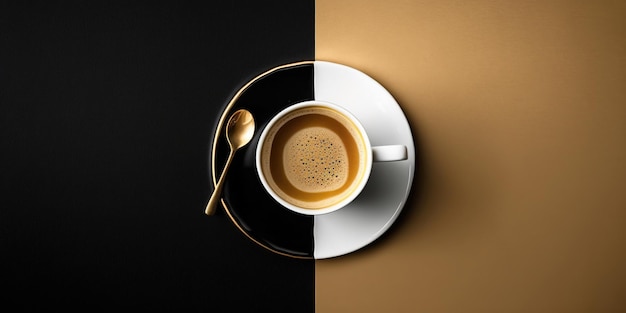 Eine Tasse köstlichen Kaffees auf einem symmetrischen Hintergrund in hellbrauner Farbe lag flach für Designs, die Ai generierte