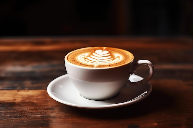 Eine Tasse Latte Art steht auf einem Holztisch.