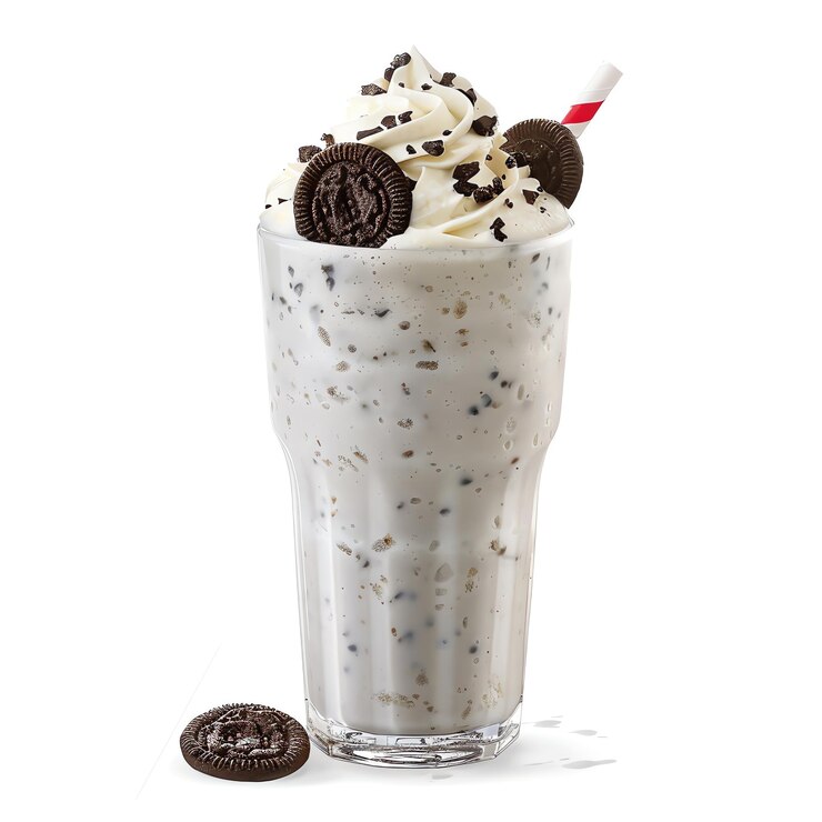 eine Tasse Milkshake mit Schokoladen-Chip-Kekse und einem Zuckerrohr