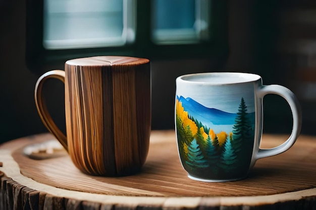 Eine Tasse mit einer Berglandschaft darauf