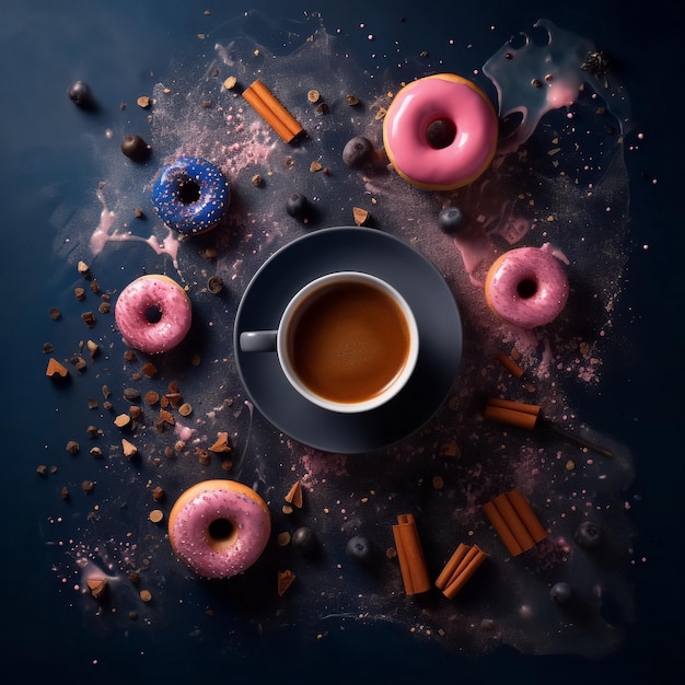 Eine Tasse mit Kaffee in der Mitte und Donuts in rosa und blauer Karamellglasur, Ansicht von oben