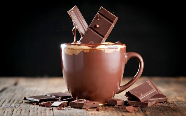 Eine Tasse Schokolade mit Schokolade und Schokoladenriegeln auf einem Tisch
