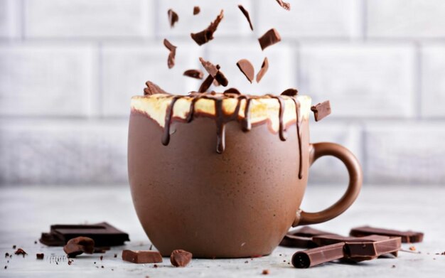 eine Tasse Schokolade mit Schokoladenchips und Schokolade darauf