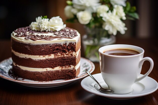 Eine Tasse Schokolade und ein Schokoladenkuchen mit Schokolade- und weißer Glasur