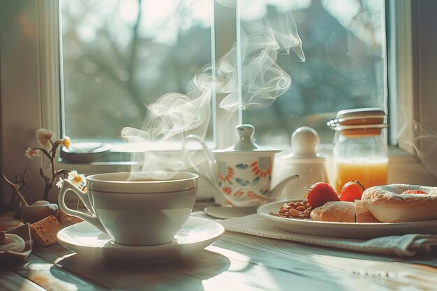 Foto eine tasse tee am sonnigen morgen