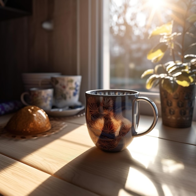 Eine Tasse Tee auf der Fensterbank