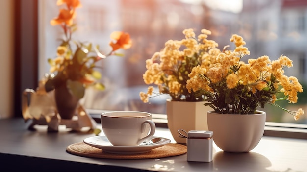 Eine Tasse Tee auf der Fensterbank