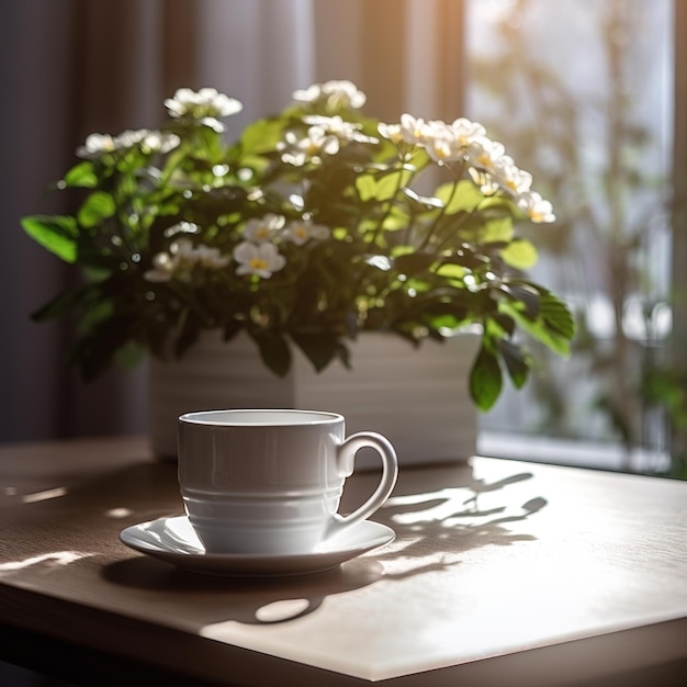 Eine Tasse Tee auf der Fensterbank