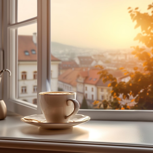 Eine Tasse Tee auf der Fensterbank