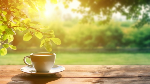 Eine Tasse Tee auf einem Holztisch mit einem Baum im Hintergrund