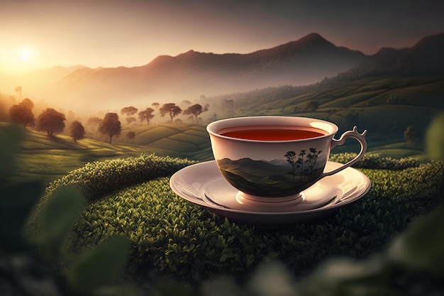 Eine Tasse Tee auf einer Untertasse mit einer wunderschönen Landschaft im Hintergrund.