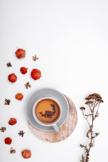 Eine Tasse Tee auf weißem Hintergrund mit Herbstpflanzen liegt flach im Kopierraum