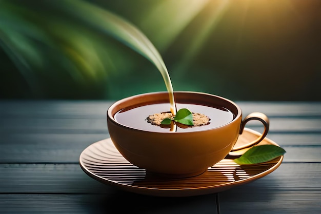 Eine Tasse Tee mit einem Blatt in der Mitte