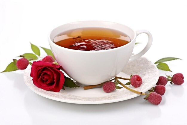 eine Tasse Tee mit einer roten Rose und einer Rose