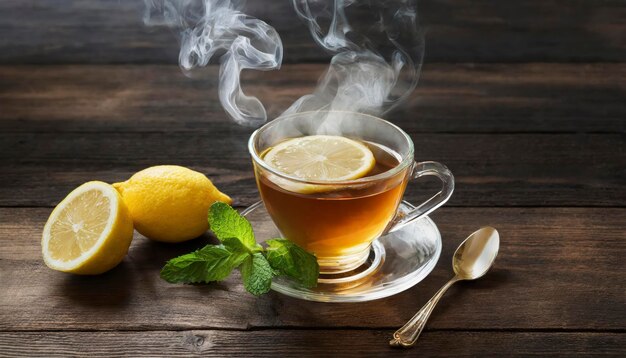 Foto eine tasse tee mit einer zitronenscheibe und einem löffel auf einem holztisch