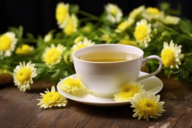 eine Tasse Tee mit gelben Blüten