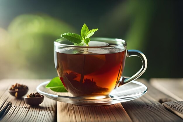 Eine Tasse Tee mit Minzblättern auf einem Holztisch