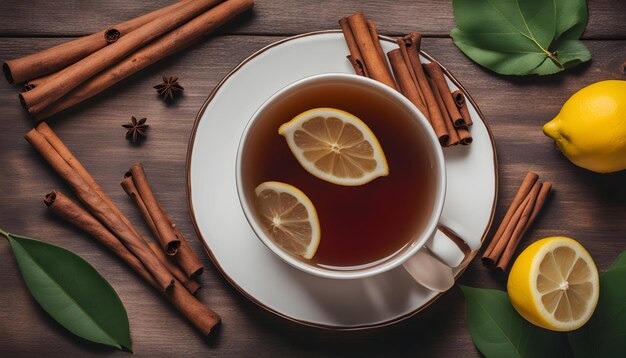 eine Tasse Tee mit Zimtstäbchen auf einem Holztisch