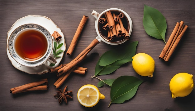 eine Tasse Tee mit Zimtstäbchen und Blättern auf einem Holztisch