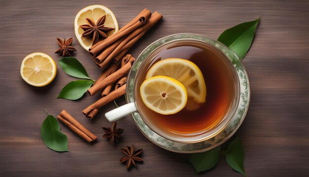 eine Tasse Tee mit Zimtstäbchen und Zimtstöbchen auf einem Holztisch