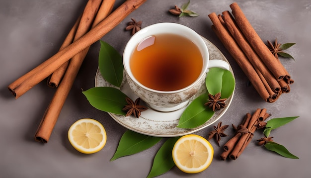 eine Tasse Tee mit Zimtstäbchen und Zimtstöbchen