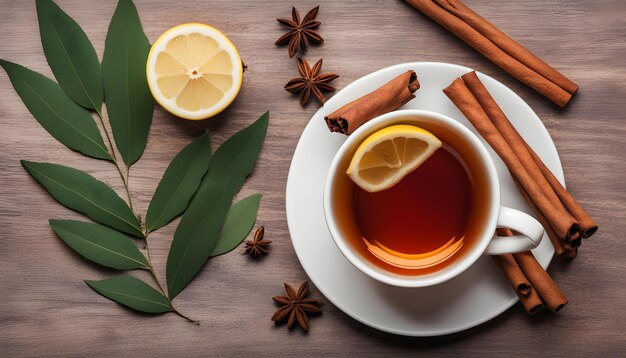 eine Tasse Tee mit Zitronenscheiben und Zimtstäbchen auf einem Holztisch