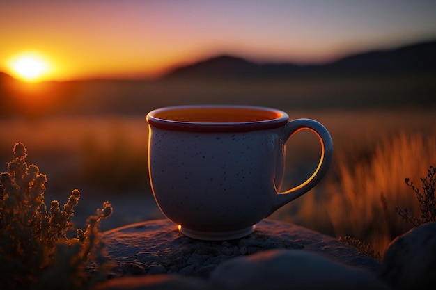 Eine Tasse Tee steht auf einem Felsen vor einem Sonnenuntergang.