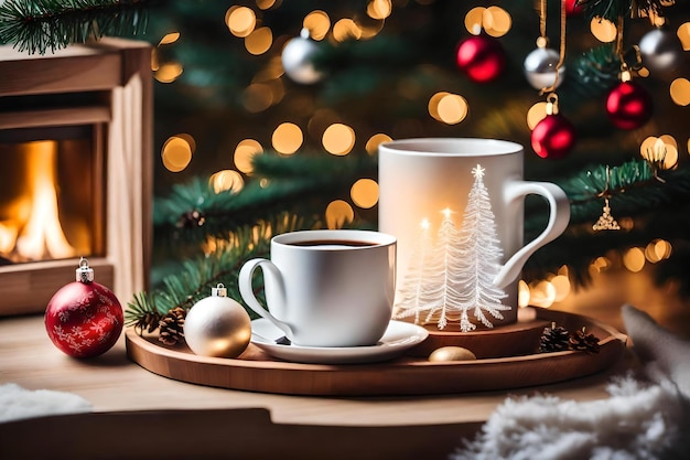 Eine Tasse Tee steht auf einem Tablett neben einem Weihnachtsbaum.