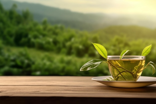 Eine Tasse Tee steht auf einem Tisch mit grünem Hintergrund und einem Berg im Hintergrund