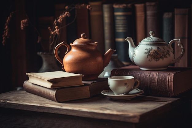 Eine Tasse Tee steht auf einem Tisch neben einem Stapel Bücher.