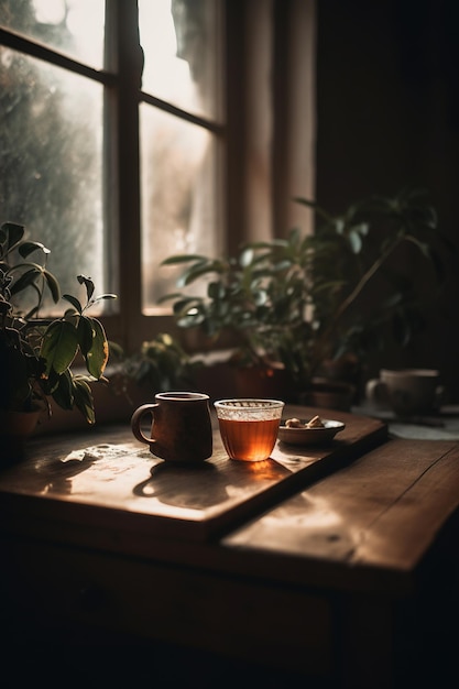 Eine Tasse Tee steht auf einem Tisch vor einem Fenster mit einer Pflanze im Hintergrund.