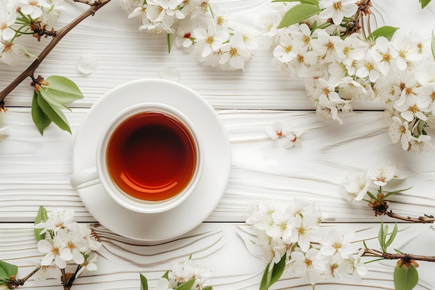 Eine Tasse Tee steht auf einem weißen Tisch mit blühenden Blütenzweigen