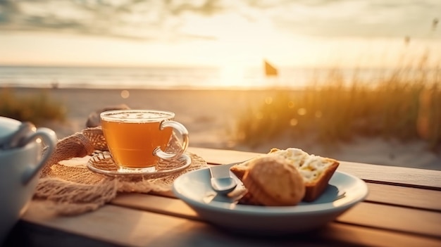 Eine Tasse Tee und ein Teller Brot auf einem Tisch. Generative KI-Kunst