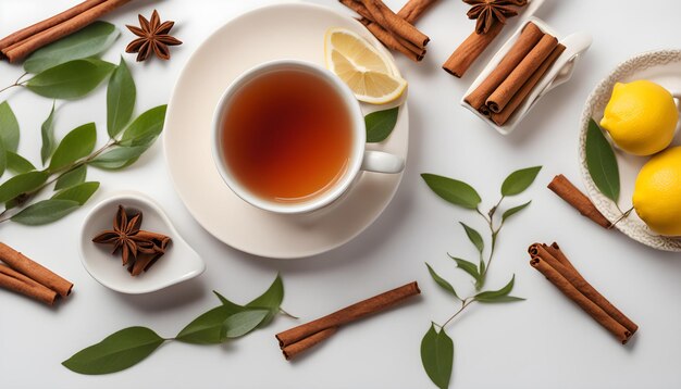 eine Tasse Tee und Zimtstäbchen auf einem Tisch mit Blättern und Blumen