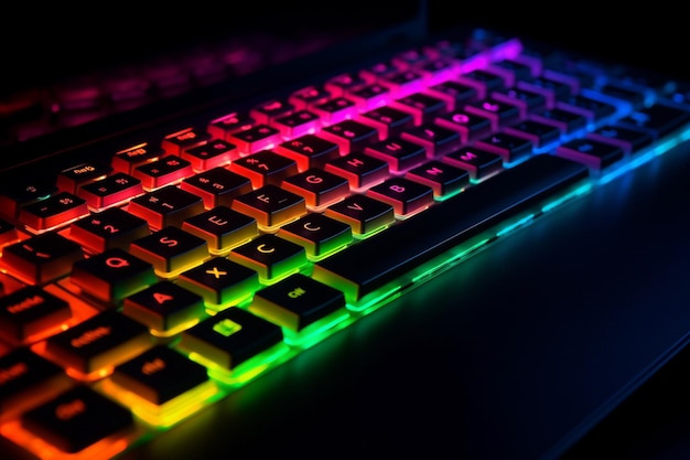 Eine Tastatur mit einer regenbogenfarbenen Tastatur im Dunkeln