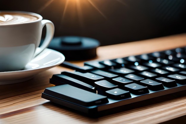 Eine Tastatur und eine Tasse Kaffee auf einer Untertasse neben einer Tastatur.