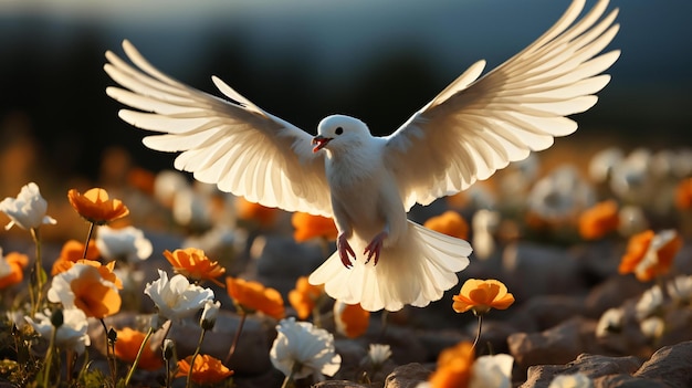 Foto eine taube fliegt in eine weiße blume