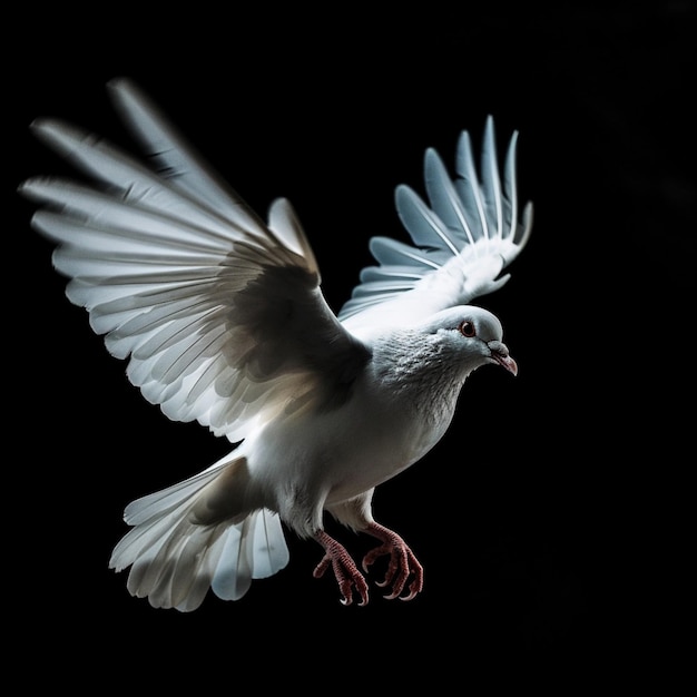 Eine Taube fliegt mit ausgebreiteten Flügeln in der Luft.