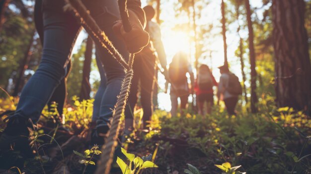 Foto eine team-building-aktivität im wald