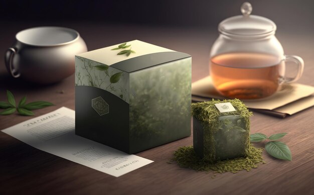 Eine Teebox aus grünem Papier. kaffee- oder teebox-modell. Öko-Verpackung. Lebensmittelverpackung. ai generiert